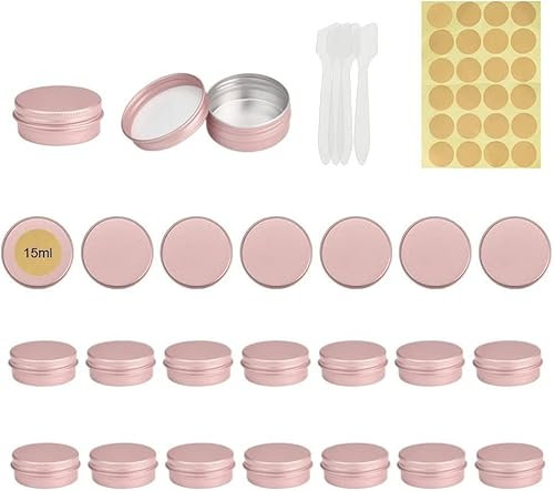 FIGFYOU Cremedosen Aluminium Leer Döschen Lippenbalsam Kosmetikdöschen Kleine Döschen mit Deckel Rund Salbendöschen mit Etiketten und Schaber für Creme Lotion Masken Nagelkunst (Roségold 15ml)