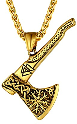 U7 Wikinger Axt Anhänger Halskette Edelstahl/18k vergoldet Nordische Amulett Talisman mit 55+5cm Weizenkette Geburtstag Weihnachten Modeschmuck Accessoire