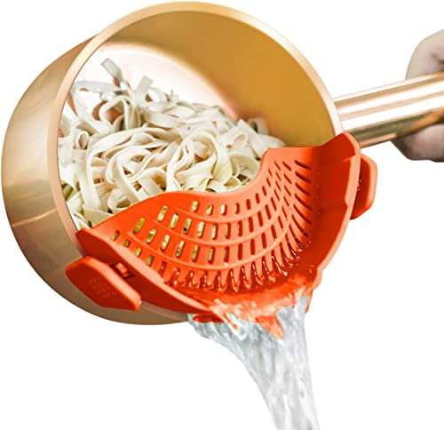 Snap Strainer, 1 PACK Silicone Food Strainers Heat Resistant Clip On Strain Strainer Rice Colander Kitchen Gadgets Drainer Hands- For Pasta, Spaghetti, Ground Beef, Universal Fit All Pots Bowls-Orange