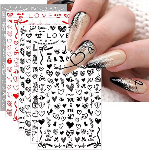 JMEOWIO 12 Sheets Valentines Day Nail Art Stickers Decals Self-Adhesive Love Heart Nail Supplies Nail Art Design Decoration Accessories
