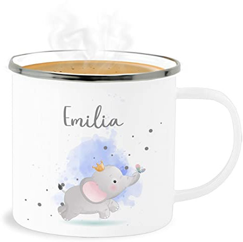 Emaille Becher Blechbecher - Tiere - Süßer Elefant mit Name personalisiert I Geschenk Elefanten - 300 ml - Weiß Silber - mug kindergarten personalisierte geschenke und tasse child tier tieren