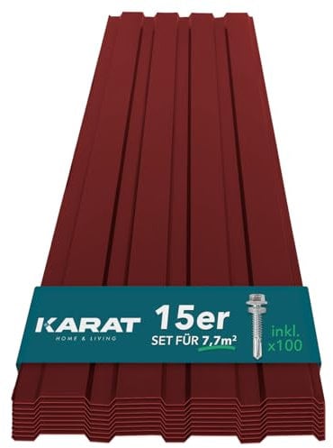 KARAT - 15 Stück Trapezblech 115 x 45 cm - Profilblech SET inkl. Schrauben - 7,7 m² Wandblech Dachblech - Stärke 0,25 mm - Dachplatten Stahlblech Wandverkleidung (Rot)