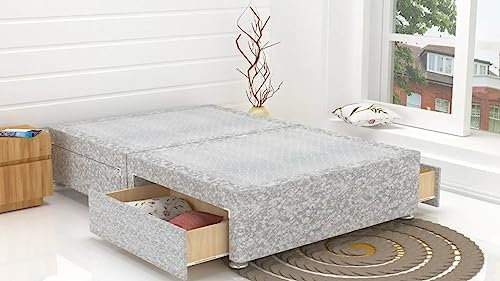 DBZ BEDS 3 FT Single Bed Base - Silver Crushed Velvet Divan Bed Base with 2 Drawers Same Side – Chrome Glider Feet and Fabrics