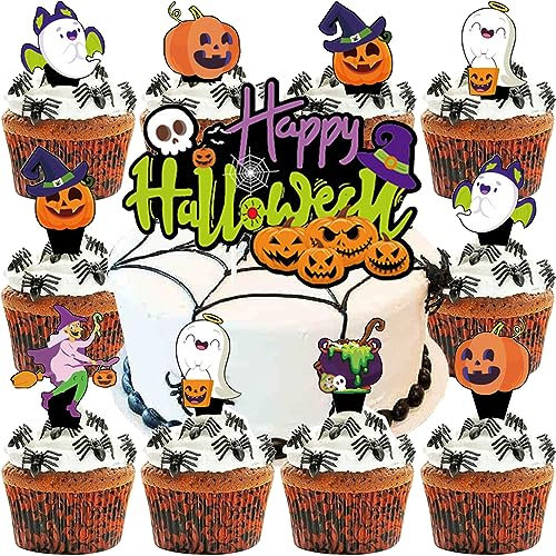 WIDEBG Tortendeko Halloween Kuchen Dekoration Kürbis Cupcake Topper Geister Kuchen Deko Happy Halloween Cake Toppers Hexe Kuchen Topper Halloween Dekoration 100 Stück