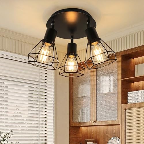 HiBay LED Deckenstrahler 3 Flammig Schwarz E27 Deckenlampe Vintage Schwenkbar Küchenlampe für Wohnzimmer Schlafzimmer, max. 60Watt Ohne Leuchtmittel