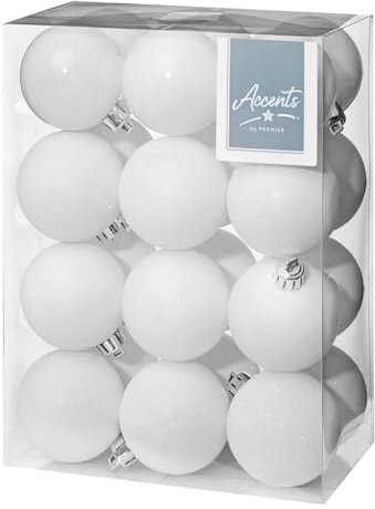 Shatterproof Christmas Baubles 24 Pack 60mm Premier Christmas Tree Decoration, matt, shinny and glitter baubles (White 5481)