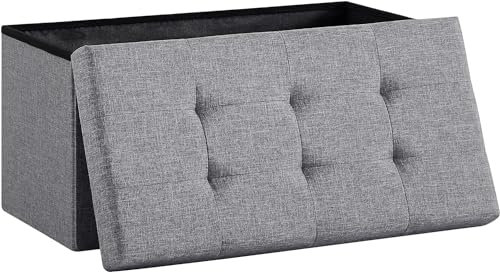 Madera Nieve Banco Plegable con Almacenamiento, Puff Almacenaje, Reposapiés Acolchado, Taburete Baúl hasta 300 kg para Salón, Dormitorio o Entrada 76 x 38 x 38 cm (Lino) (Gris Claro)