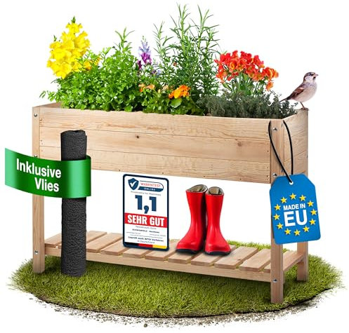 SCHWANFELD® 118x40x78cm Hochbeet Holz [Schutz vor Schädlingen] - inkl. praktischer Vlies - Hochbeete für Garten FSC® - Hochbeet mit Ablage (Wetterfest & Langlebig) - Hochbeete für Garten
