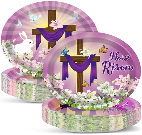 Qyeahkj 50 PCS He Is Risen Oval Paper Plates 11 Inch Large Disposable Spring Lily Floral Platters Jesus Cross Easter Party Dish Tray