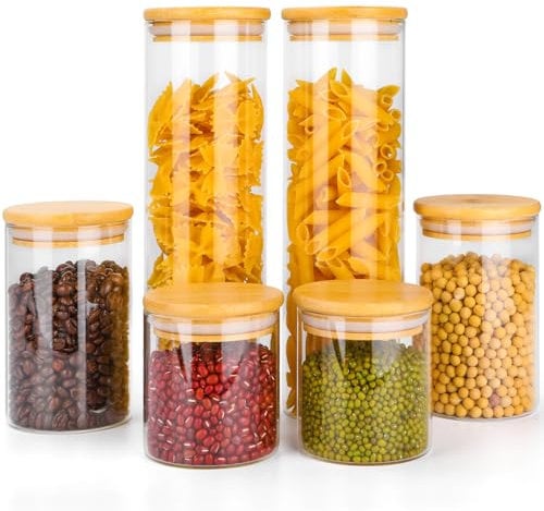 Otauoaea Bocaux en Verre, Bocaux Rangement Cuisine Hermétique, Pot en Verre avec Couvercle, Verre avec Couvercle en Bambou Set en 6 (2×1200ml, 2×600ml, 2×400ml)