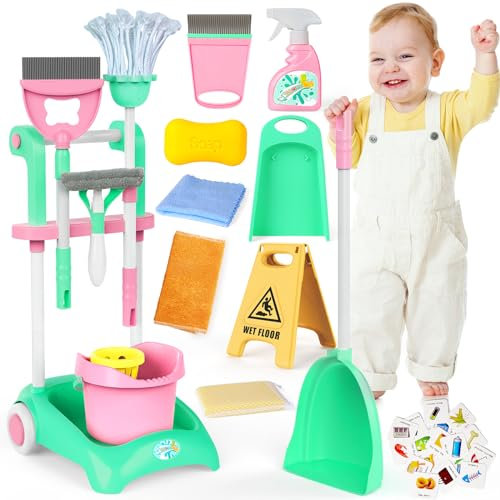 deAO Set de Limpieza para Niños, Kit de Suministros de Limpieza para Juegos de Imaginación Set de Limpieza de Juguetes Incluye Escoba, Fregona, Recogedor y Más, Cocina de Juguete para Niños Pequeños