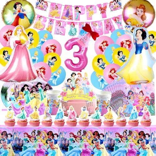 Kit Compleanno Principessa 92 Pezzi - Decorazioni Festa 3 Anni Con Palloncini, Torta, Piatti, Bandiere, Tovaglioli - Per Bambini