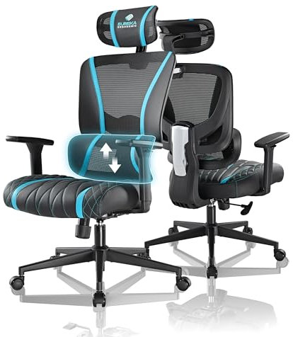 EUREKA ERGONOMIC Gaming Stuhl, Ergonomischer Bürostuhl mit Verstellbarer Lordosenstütze und Kopfstütze, PC Stuhl mit Atmungsaktive Elastische Sitzkissen, 136 KG, Schwarz&Blau