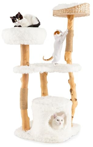 GYMAX Arbre à Chat Multi-Niveaux 124 cm, en Bois Massif, perchoir latéral, Panier supérieur, Plates-Forme, 1 condo, Centre d'activités, Branches Naturelles, griffoirs en Jute, Corde de sisal