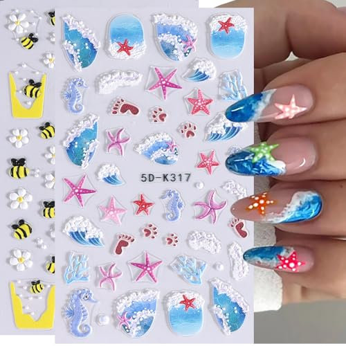 Nagelsticker Selbstklebend, 5D Sommer Nail Art Stickers Ozean Qualle Seepferdchen Blumen Nagel Aufkleber Sticker 5D Blue Ocean Strand Nail Nageldesign DIY Maniküre Dekoration(2Blatt)