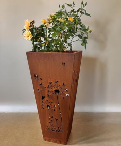 Terma Stahldesing rost Blumenkübel XXL Pusteblume Blumensäule 75 cm Pflanzschale Gartendeko Vintage Deko Pflanzsäule mit Schale Gartendeko Rost