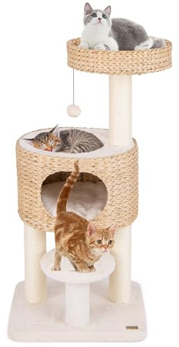 GYMAX Cat Tree, Modern Cat Tower with Top Perch, Hand-Made Wicker Cat Condo, Sisal Scratching Posts, Hanging Toy, Bed, Removable Cushion, Kitty Activity Center for Indoor Cats