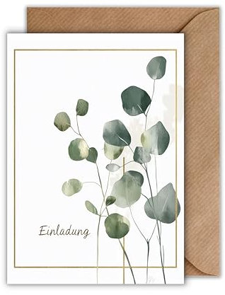 WBdesignz 10er Einladung Karte Hochzeit mit Umschlag - Einladungskarte zur Hochzeitsfeier Gold Rahmen Eukalyptus Trauung Brautpaar Liebe Verlobung Hochzeitskarte (DIN A6)