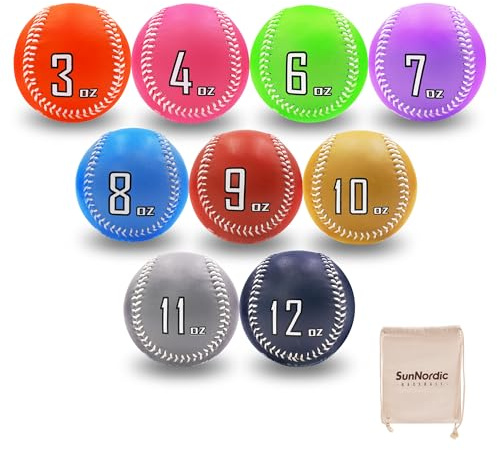 SunNordic Weighted Baseballs Set of 9, Premium Leather Baseball with Baseball Bands for Pitching, Variable Weight Baseballs for Improved Power & Pitching Training - for All Skill Levels