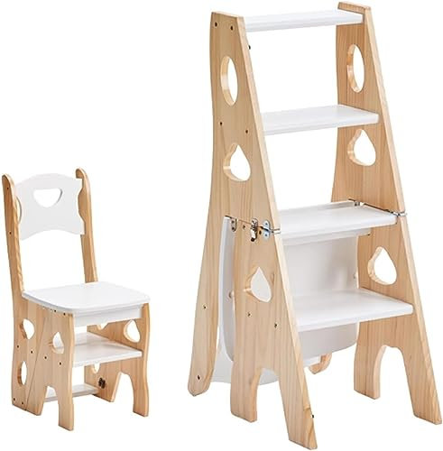 Chaise échelle Tabouret échelle en bois 4 marches, escabeau pliant, chaise d'escalier, bibliothèque multifonction, échelle d'escalade, escabeau, bibliothèque pour le rangement et l'affichage (couleu