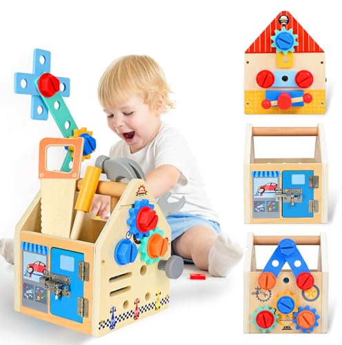 Ulikey Caja Herramientas Juguete de Madera Niños, 32 Piezas Juegos Construccion con Caja de Madera, Maletín Herramientas Madera, Juguetes Montessori Regalo para Cumpleaños Pascua Navidad