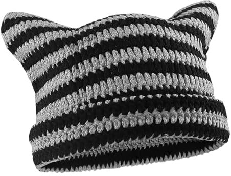 ZPLASK Cat Hat, Vintage Striped Winter Warm Elastic Beanie, Women's Knit Slouchy Trendy Crochet Hat, Cute Funny Fluffy Thermal Windproof Cat Ear Beanie for Girls Kids Ladies Gift Gray-Black