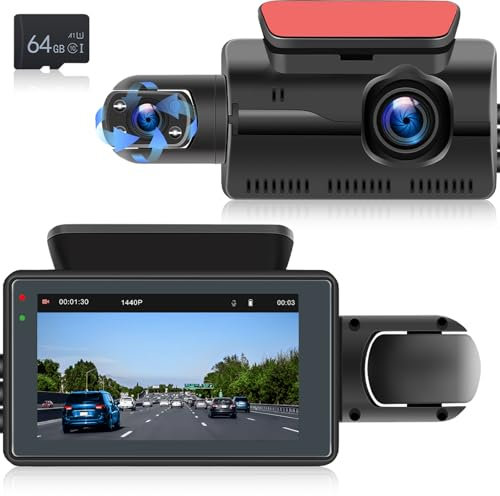 NHOPEEW 1440P Full HD Dashcam mit Dual-Objektiv - 3 Zoll Dash Cam Bildschirm Unterstützung Schleifenaufzeichnung/Nachtsicht/Parking Monitor / 150°Weitwinkel + 64G SD Karte