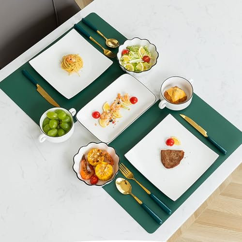 NNYCC Services de Table 22 pièces pour 4 Personnes Assiette carrée en Porcelaine Blanc Ivoire Couverts Acier Inoxydable et Vaisselle Haut de Gamme avec Coussins isolants Thermiques,Vert,2 Person Set