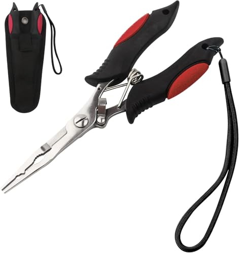 Fishing Pliers Long Nose Stainless Steel Fish Hook Remover Braid Cutters Split Ring Fish Pliers with Lanyard Fish Holder Ice Fly Fishing Gear Freshwater Saltwater Fishermen Gift (Red)