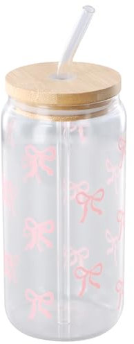 Anseom Bow Tazza in Vetro 500ml Bicchiere in Vetro con Coperchio e Cannuccia, Bicchieri da Caffè Ghiacciati Tazze in vetro a Forma di Lattina, Bow Cup per Soda,Smoothie,Bubble Tea,Cocktail (Rosa)