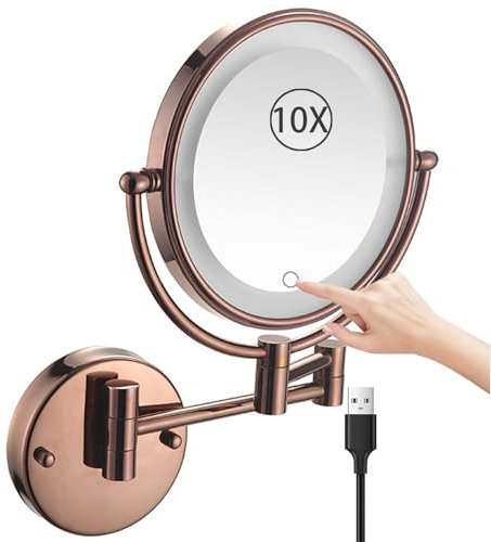 KEYQEEN 8 Miroir de Maquillage Mural éclairé, Miroir grossissant Double Face 1X/10X à Gradation Continue, Miroir de Salle de Bain LED Extensible,Rose Gold,USB Charging