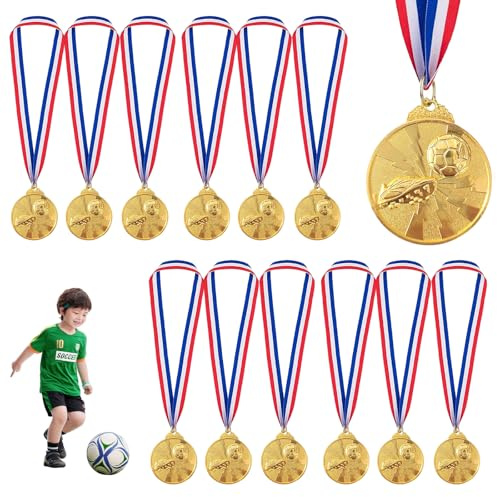 Eulihent 12 Stück Fußball Medaillen Kinder Goldmedaille Fußballmedaillen Gold Medaille Metall Siegermedaillen mit Dreifarbigem Band Goldmetallmedaille Metallmedaillen für Fussball Sieger Gewinner