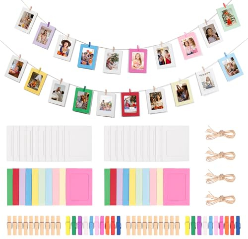 LUBOXIN Fotogirlande Geburtstag 40 Stück Fotoleine mit Klammern 11x15 cm | DIY Papier Bilderrahmen mit 40 Holzklammern und 4 Rollen Hanfschnur für Hängende Wanddekoration Zimmer Deko(Farbe + Weiß)