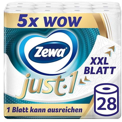Zewa Just1 Toilettenpapier ohne Hülse mit extra großen Tüchern, 7 Packungen mit je 4 Rollen à 99 XXL Blatt