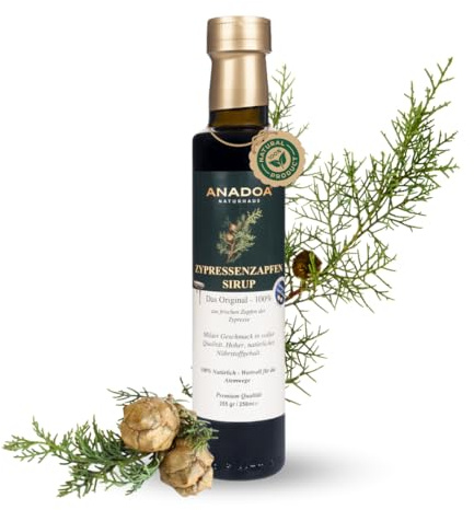 Anadoa Zypressenzapfen Sirup 250 ml | 100 % Natürlicher Tannenzapfen-Sirup | Rein Pflanzlich & Ohne Zuckerzusatz | Traditionell Hergestellt – Wohltuender Geschmack für Atemwege & Wohlbefinden