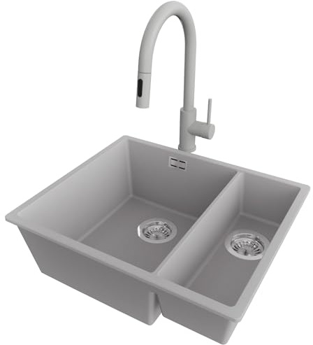 PRIMAGRAN Unterbauspüle Granit Grau 56x47cm, Spülbecken 1,5 Becken + Küchenarmatur 40x20cm + Ablauf-Set, Granitspüle ab 60er Unterschrank - London Duo