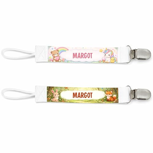 Planetee Lot de 2 Attaches Tétine pour Margot Animaux Mignons - Attache Sucette Personnalisée Bébé Fille Cadeau Naissance