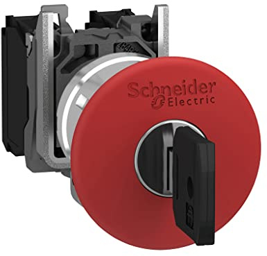 Schneider Electric Harmony XB4 - Emergency Stop Push Button Switch, Metal, 40 mm Mushroom, Trigger Latching Key Release, 1NO + 1NC, 22 mm Mount, XB4BS9445, Red