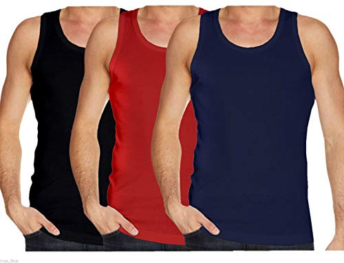 Gaffer Mens Vests 3 Pack Plain Tank Top Regular Fit 50% Cotton and 50% Polyester Sleeveless Basic Classic Multi Colour Underwear Athletic Muscle Gym Fitness Wear Multipack Black-Red-Navy Large