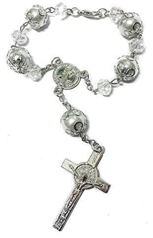 Nazareth Store Saint Benedict Schutzmedaille Weiß Klar Kristallperlen Rosenkranz Auto Auto Spiegel Rückansicht