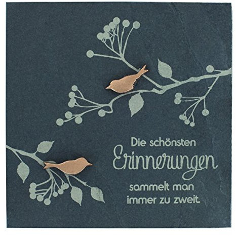 Schieferrelief mit Bronze Vögeln und Spruch Die schönsten Erinnerungen sammelt man immer zu zweit, 14,5 x 14,5 cm