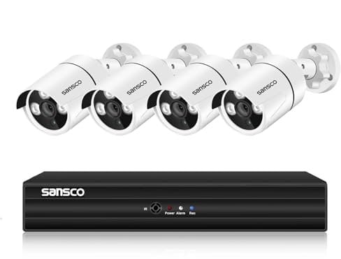 SANSCO 5MP Outdoor CCTV Security Camera System, 8 Channel DVR System, 4x 1080P HD Wired Waterproof Security Cameras, Human/Face/Vehicle Detection, Email/App Alert, Night Vision, No Hard Drive Disk