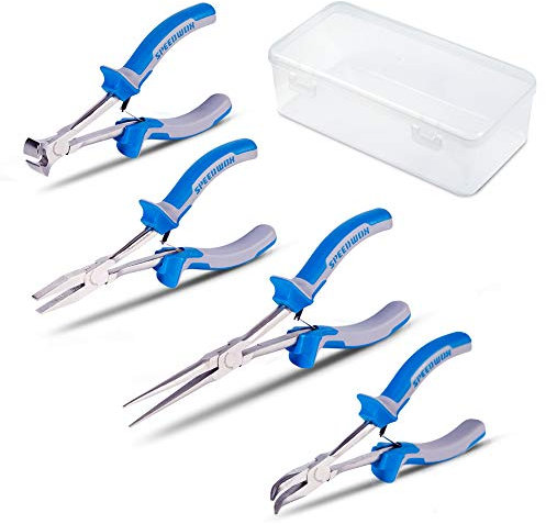 SPEEDWOX Set di 4 pinze a lunga portata con scatola di immagazzinaggio, mini pinze di precisione sottili per spazi ristretti difficili da raggiungere, alta leva per ridurre gli sforzi