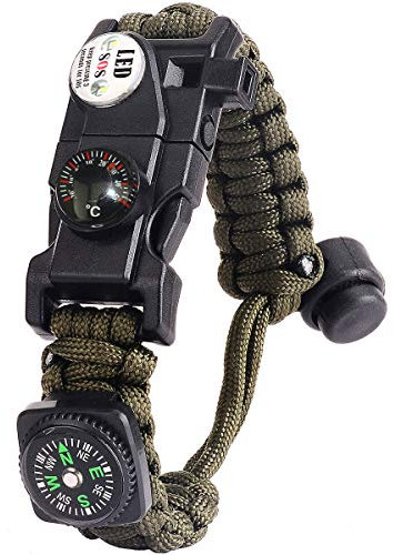 Paracord Survival Armband Kit für Herren Damen, Survival Armband mit Feuerstein + Kompass + Thermome (Armeegrün)