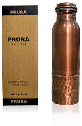 PRURA Bouteille d'eau incurvée en cuivre martelé de 946 ml – Bouteille d'eau sans joint anti-fuite pour des avantages ayurvédiques