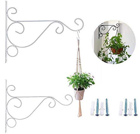 Bestenrose 2 Stück 10 Blumenampelhalter Eisen hängende Pflanzen Halterung dekorative Wand Pflanzer Kleiderbügel Haken mit schwarz Schrauben für Vogelhäuschen Laternen Windspiele (weißes)