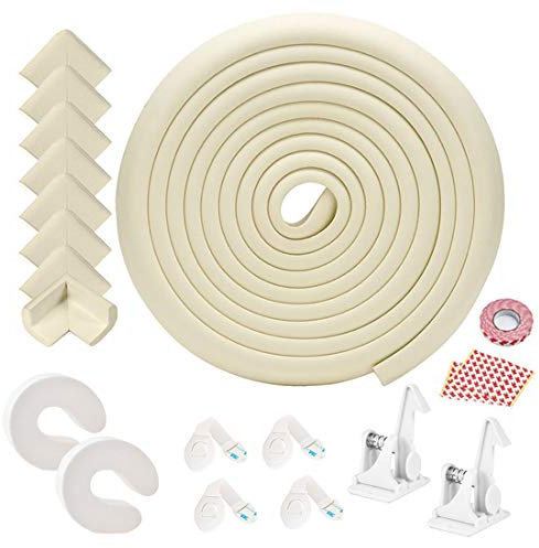 Baby Corner Guards, Fairy Baby 17Pcs Baby Proofing Kit Child Safety 1 Edge Protection 19.68 ft + 8 Corner Protectors +2 Cabinet Latch Locks + 4 Cabinet Strap Locks+ 2 Door Stopper Guards