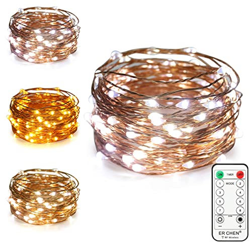 ErChen Strombetrieben Zweifarbige LED Lichterkette, 33 FT 10M 100 LEDs-Plug in 8 Modi Dimmbare Kupfer Draht-Lichterketten mit Fernbedienung Timer für Innen Außen Weihnachten (Weiß Warmweiß)