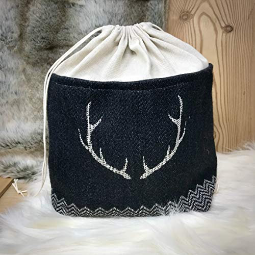 Gaidra Cesto Pane Cestino Portapane richiudibile in Tessuto Stoffa merino e cotone in stile tirolese con corna di cervo- Sacchetto di Design fatto con qualità artigianale
