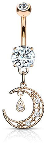 Tata Gisèle Piercing Banane Nombril en Acier Chirurgical et Oxydes de Zirconium - Croissant de Lune Suspendu pour ce Piercing Double Bijou - (Or Rosé/Transparent)